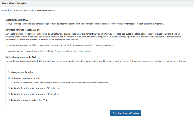 Paramètres des Q&A