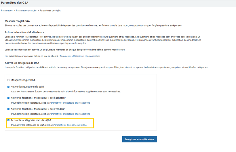 Désactiver les catégories de Q&R