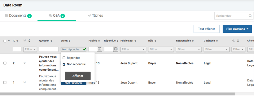 Filtrer les questions