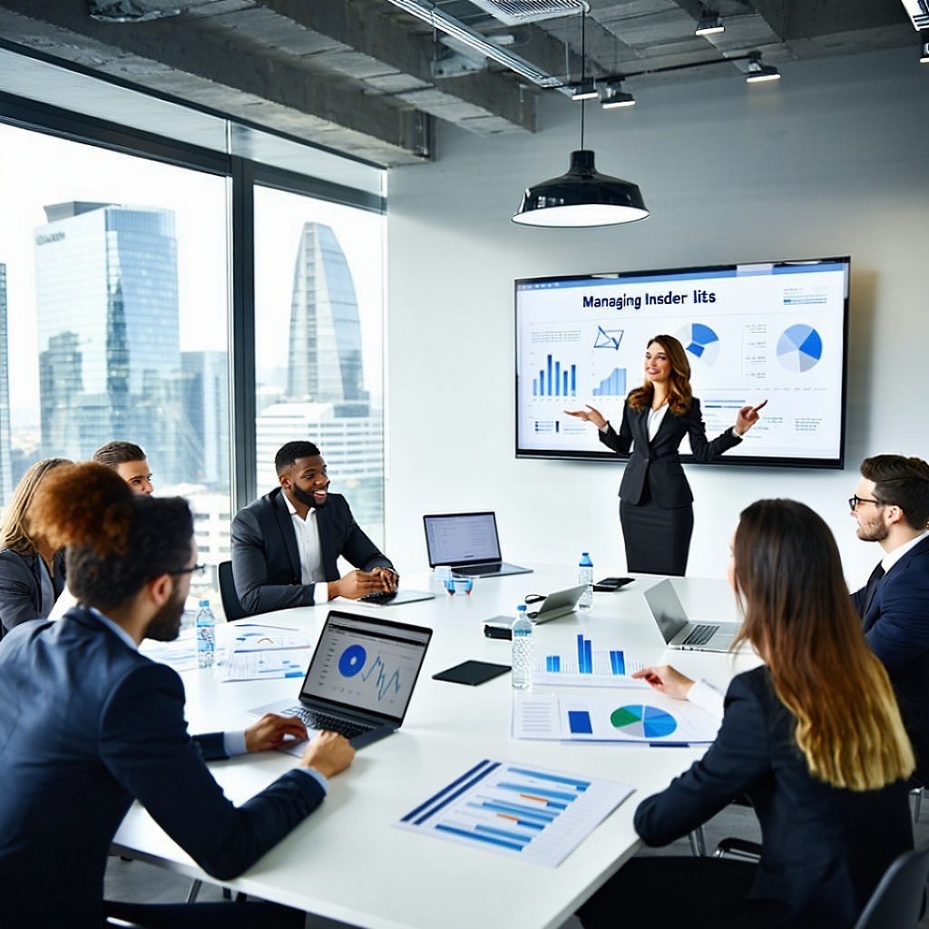 The image depicts a modern office environment where a diverse group of professionals is engaged in a collaborative meeting A large conference table is surrounded by men and women in business attire with laptops and documents spread out before them On