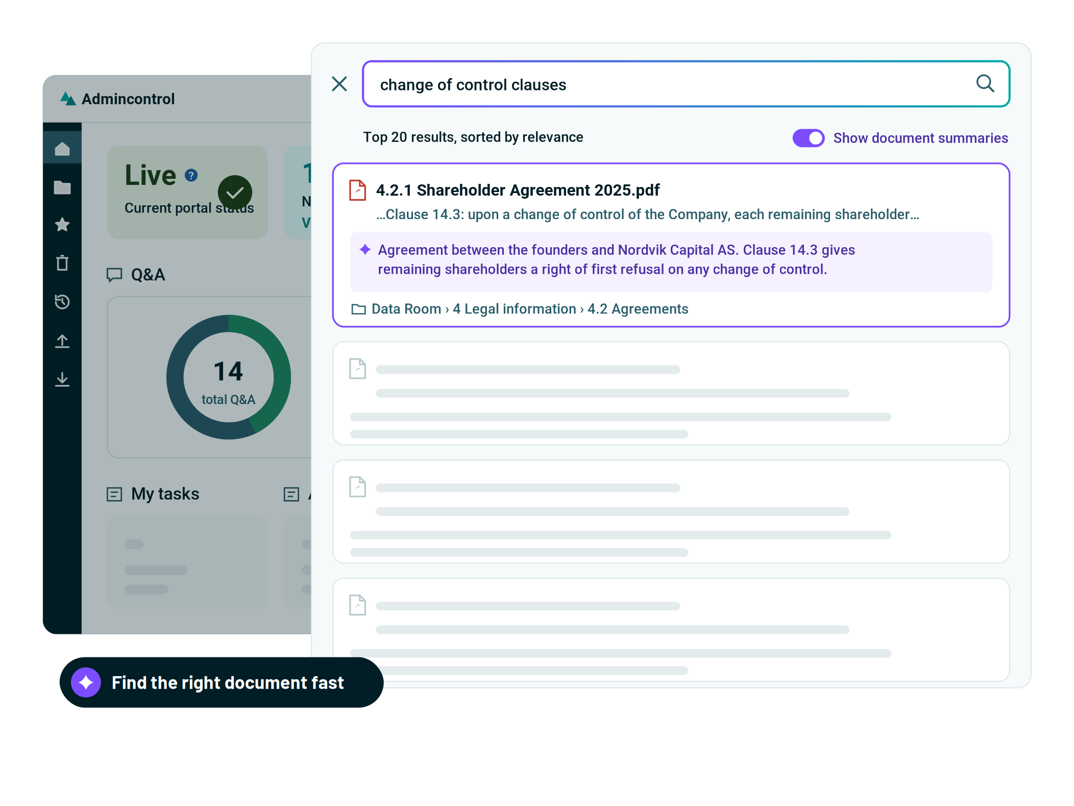 Admincontrol AI search finding the right clause in an agreement, with an AI summary
