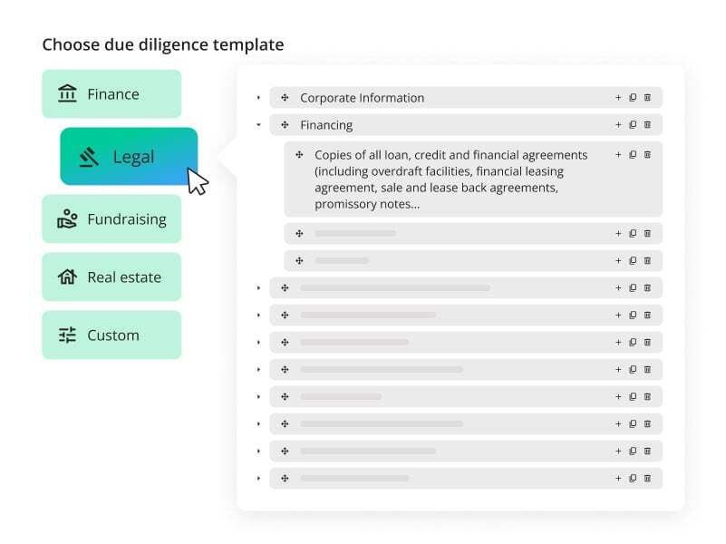 Built in due diligence checklist for financial and legal due diligence